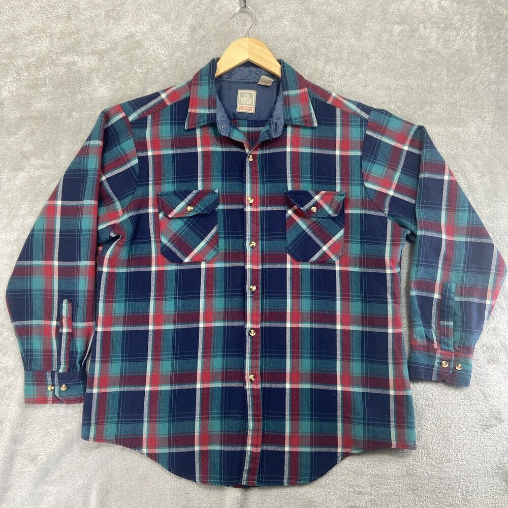 Vtg Outdoor Exchange Flannel Shirt Men's XL Button Up Long Sleeve Blue Plaid